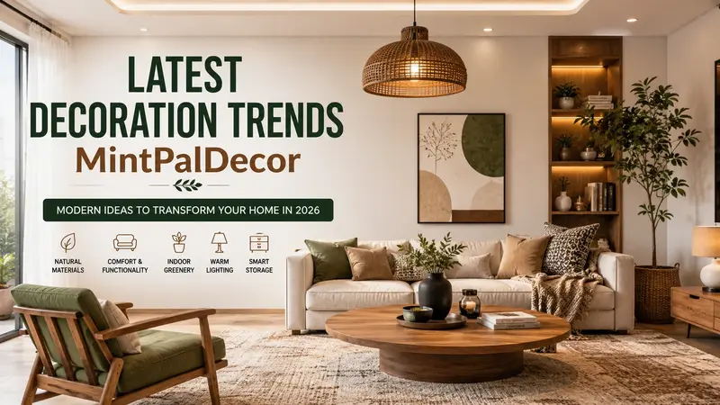 Latest decoration trends mintpaldecor featuring a modern living room with neutral colors and natural materials.